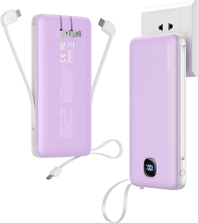 Portable Charger 10000mAh 22.5W Power Bank,Built-in 3 Cables & AC Wall Plug | Fast Charging, 0.68in Ultra Slim,Charge 5 Devices,TSA Approved Travel Essential Battery Pack for iPhone/Samsung/Android by penaover