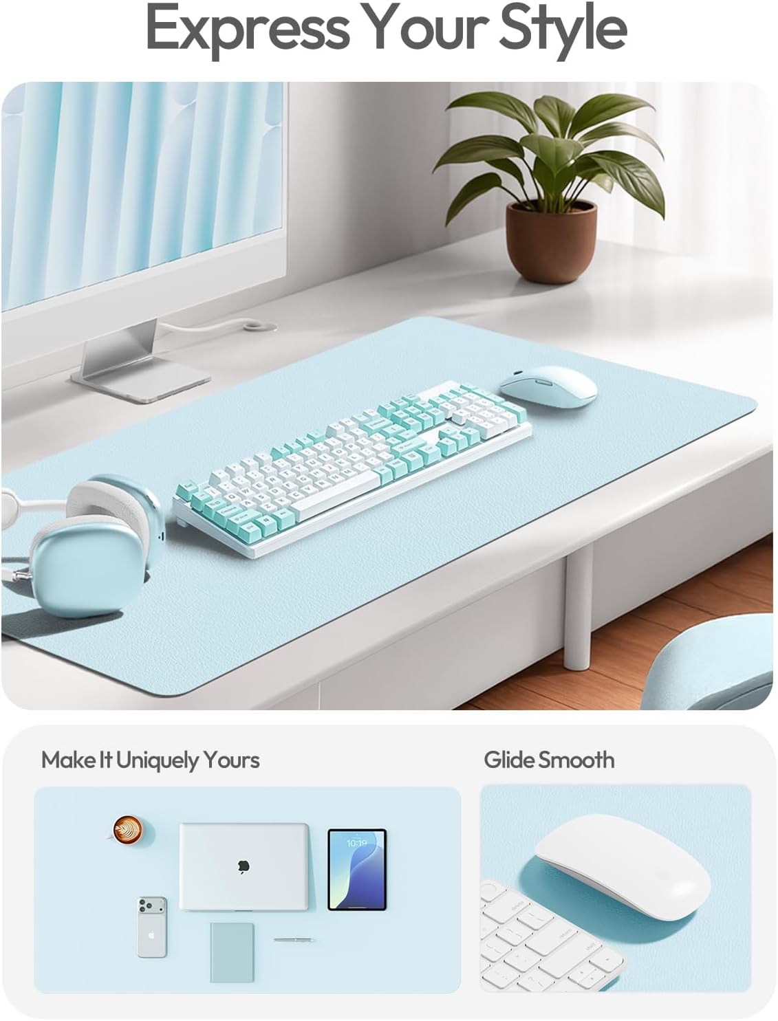 YSAGi Leather Desk Protector, Office Mat, Large Mouse Mat, Non-Slip PU Leather Blotter, Laptop Desk Pad, Waterproof Writing Pad for Office and Home (Baby Blue, 31.5" x 15.8") - Image 2