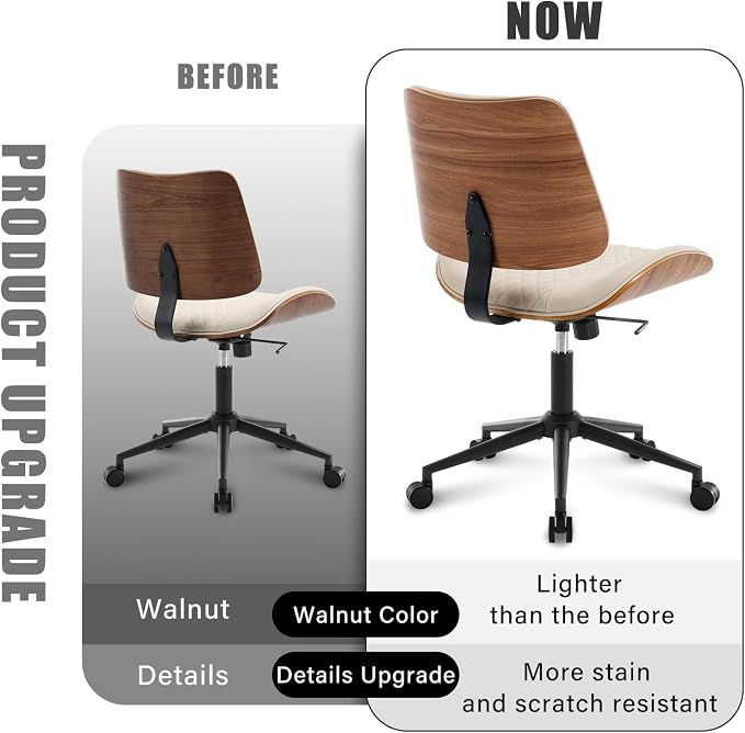 Home Office Chair No Arms with Wheels, Adjustable Height Small Desk Chair, PU Leather Mid Back 360 Swivel Computer Chair, Armless Modern Walnut Chair for Office, Reading Meeting Room(Beige) | Adjustable Height Small Desk Chair, PU Leather Mid Back 360 ... - Image 9