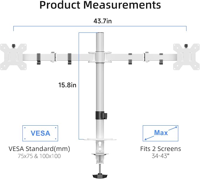 Suptek Dual Monitor Desk Mount, Adjustable Dual Monitor Arm for 2 Monitor Screens up to 43 inch, 15.75" Pole Monitor Stand for Desk, Holds up to 22 lbs,White(MD9442LW) - Image 2