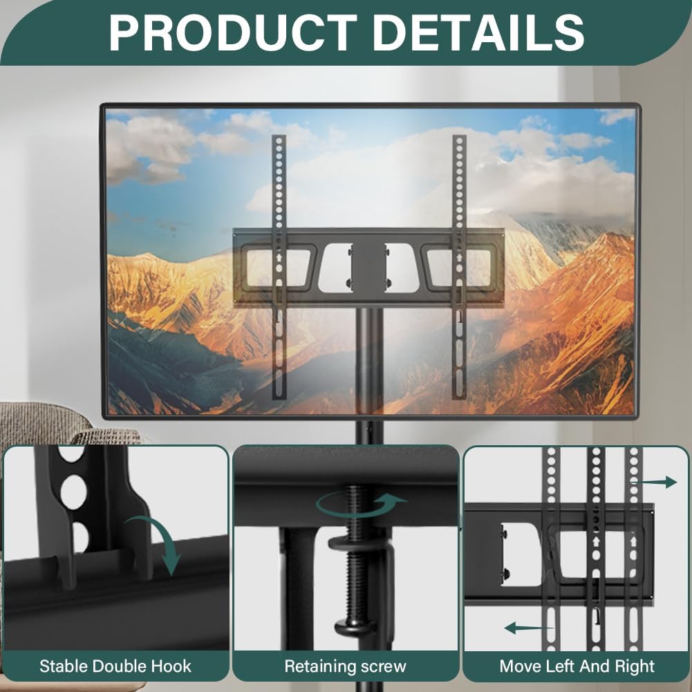BFTOU Rolling TV Stand with Wheels for 32-55Inch Screens up to 55lbs Mobile TV Stand with Shelf Height Adjustable Mobile TV Cart Max VESA 400x400mm, Black - Image 7