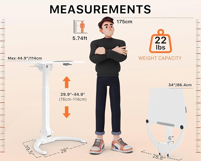 JOY worker Foldable Mobile Standing Desk, Adjustable Portable Desk, White | 90° Tiltable MDF Desktop with Strip, Height Adjustable, Collapsible Low Base with Hidden Wheels, Holds 22lbs, for Home Office - Image 2