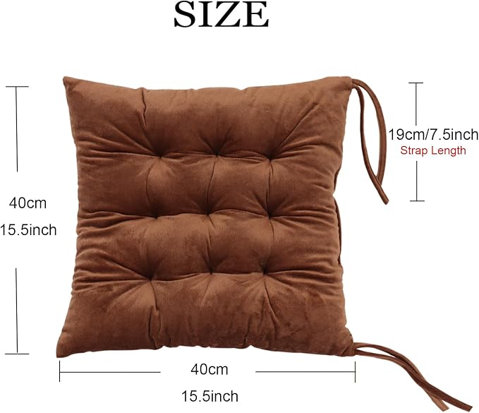 2 Pack Square Seat Cushion Chair Pads for Kitchen Dining Chairs, Soft Comfort Velvet Chair Mat Pillow Cushions with Ties for Office Desk Living Room Tatami 15.5", Coffee - Image 2