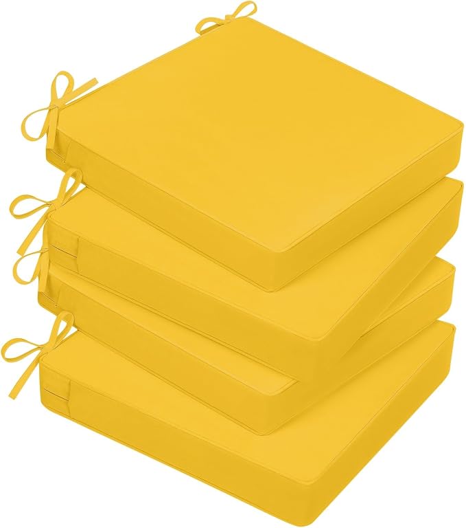 Basic Beyond Outdoor Chair Cushions for Patio Furniture, Waterproof Outdoor Seat Cushions Set of 4 19 x 19, Patio Chair Cushions Set of 4 with Ties and Handle, Yellow by BasicBeyond