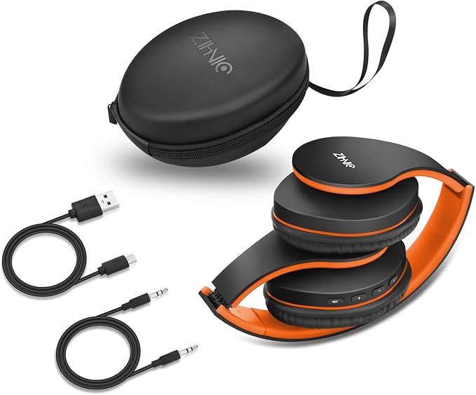 ZIHNIC Bluetooth Headphones Over-Ear, Foldable Wireless and Wired Stereo Headset Micro SD/TF, FM for Cell Phone,PC,Soft Earmuffs &Light Weight for Prolonged Wearing(Black/Orange) - Image 6