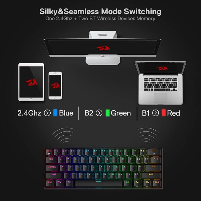 Redragon K530 Pro Draconic 60% Wireless RGB Mechanical Keyboard, BT/2.4Ghz/Wired 3-Mode 61 Keys Compact Gaming Keyboard w/Hot-Swap Socket, Free-Mod Plate Mounted PCB & Tactile Brown Switch - Image 4