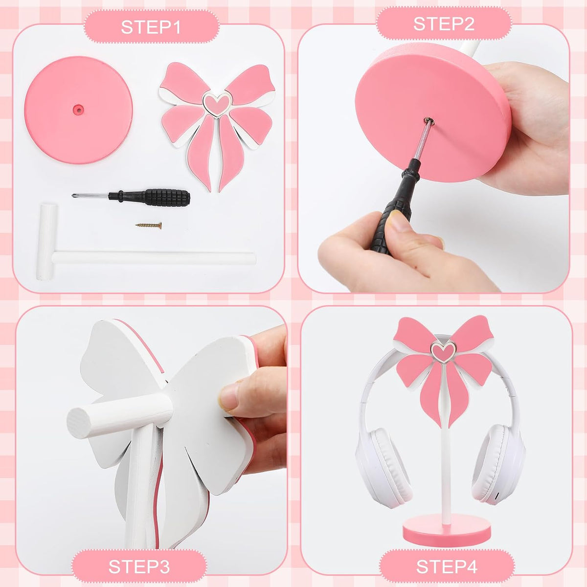 Kingdder Pink Bow Wood Headphone Stand Christmas Headset Holder Gifts - Image 4