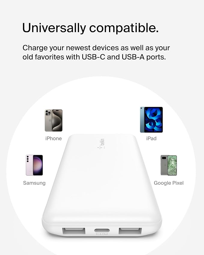 Belkin 10000mAh 15W 3 Port Power Bank, USB A to USB C Cable Included | Fast Charging, iPhone 17, Samsung Galaxy, Pixel, Airpods, iPad, Nintendo Switch 2, Battery Pack, USB C Port, USB A Port - Image 6
