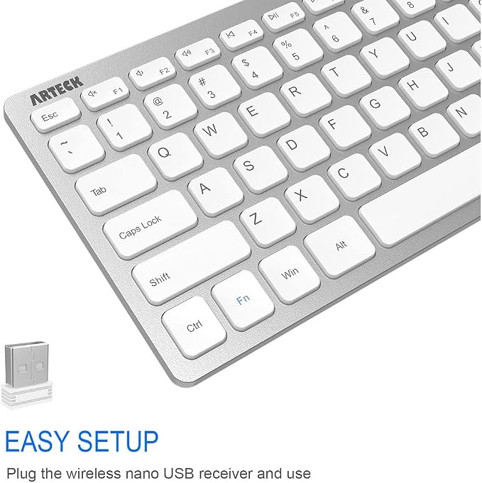 Arteck 2.4G Wireless Keyboard Ultra Slim and Compact Keyboard with Media Hotkeys for Computer Desktop PC Laptop Surface Smart TV and Windows 11/10/8/7, Silver - Image 2