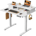 JOY worker 35" Small Electric Standing Desk with Monitor Stand & Storage | White 35" x 25" Height Adjustable Desk for Tight Space, Shutter Door & Drawer, Sit Stand Table with 2 Hooks for Home Office by JOYworker