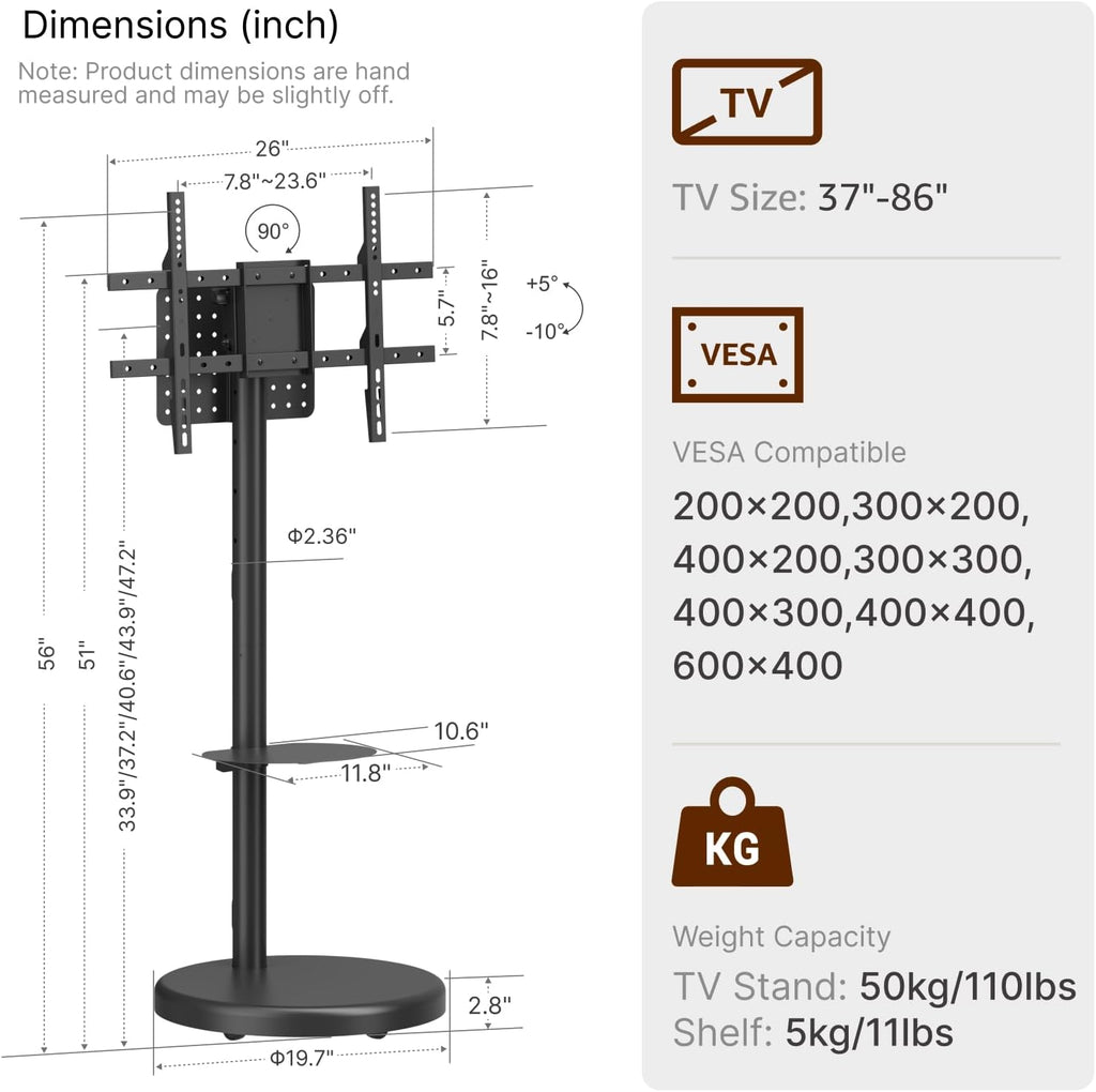 Rolling TV Stand for 37-86" TVs, 110 lbs, Black - Image 7