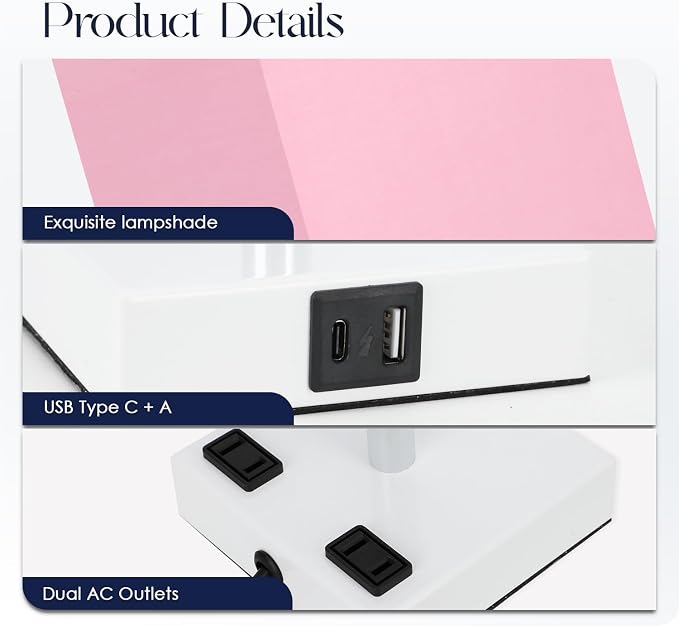 Bedside Lamp with USB Ports - Touch Control Table Lamp for Bedroom with USB C+A Charging Ports & AC Outlets, 3 Way Dimmable Nightstand Light with White Base for Living Room (LED Bulb Included, Pink) - Image 5