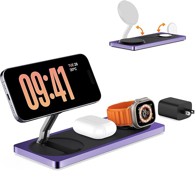 Mag-Safe Charger Stand, 3-in-1 Magnetic Wireless Charging Station for Apple Devices, iPhone 15/14/13/12 Series, Apple Watch, AirPods Pro (Purple) | For iPhone 17/Air/16/15/14/13/12, AirPods & Apple Watch, Foldable Portable Aluminum Charging Stand, Adap... - Image 8