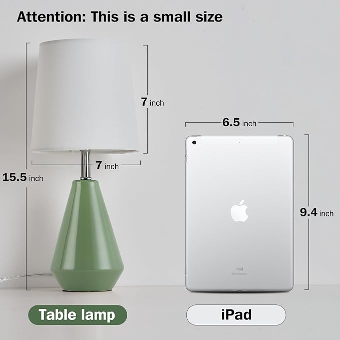 Small Bedside Table Lamp for Bedroom - Reading Desk Lamp with 3 Color Temperatures，15.5" Nightstand Ceramic Lamp with Fabric Shade for Kids Room,Living Room,Dorm,Home Office (Green+White) - Image 7