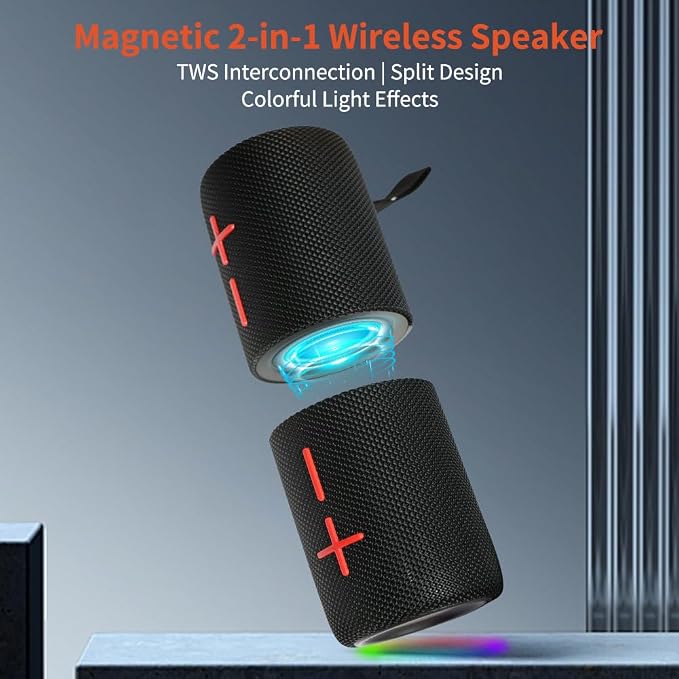 2 in 1 Magnetic Dual Splittable Bluetooth Speaker, IPX6 Waterproof Split Portable Wireless Speaker with 20W Loud Stereo Sound, Bluetooth V5.3, 24H Playtime, Multiple pairing for Home,Outdoor or Travel - Image 2