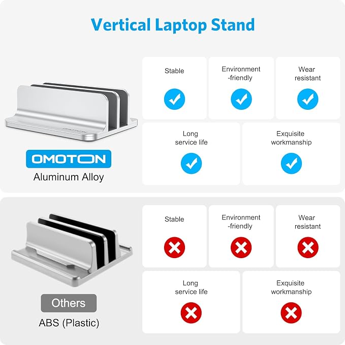 OMOTON Dual Vertical Desk Laptop Stand Holder, Fits MacBook Air/Pro, Silver | Aluminum Laptop Storage Rack for Desk, Adjustable Dock for Up to 17.3 in. Gaming Laptop, Space-Saving Desk Organizer - Image 2