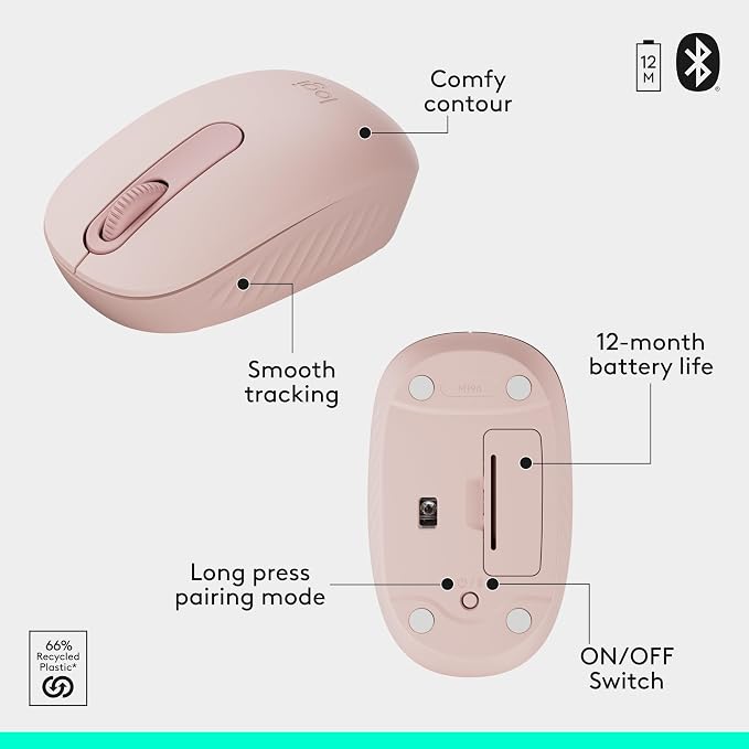 Logitech MK250 Compact Bluetooth Wireless Keyboard and Mouse Combo - Rose | Bluetooth connection only, compact keyboard with number pad, small ambidextrous M196 mouse with 3 non-customizable buttons - Image 7