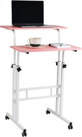 Mind Reader Standing Desk, Adjustable Height Laptop Workstation, Portable Rolling Desk on Wheels, Two-Tier Metal Frame, Pink by MindReader