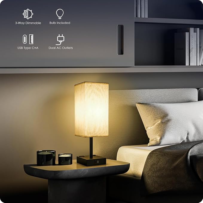 Bedside Table Lamps Set of 2 - Touch Nightstand Lamp for Bedroom with USB C+A Charging Ports & AC Outlets, 3-Way Dimmable Desk Lamp Flaxen Fabric Shade for Living Room Office(Bulb Included) - Image 2