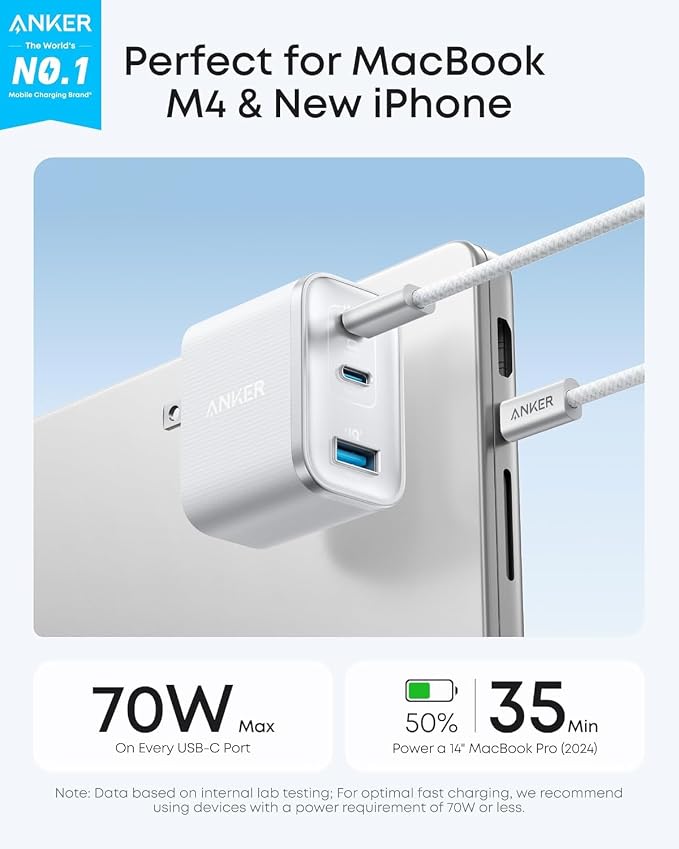 Anker Nano 70W Max 3-Port Fast Charger USB C, Type C Charger Fast Charging | Compact and Stylish USB C Charger Block, for iPhone 17/17 Pro Max/16 Series, MacBook Pro, iPad (Black, Cable Included) - Image 2