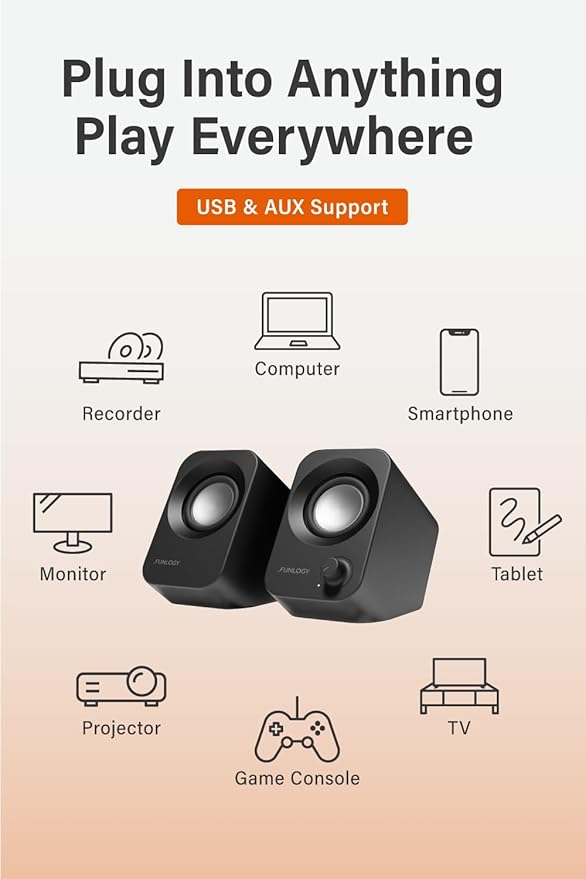 FUNLOGY Speaker - 14W Stereo PC Speakers, USB Powered, Compact Size with 30° Tilt Design, Volume Dial Control, for Desktop, Laptop, Monitor, Gaming Consoles, Black - Image 4