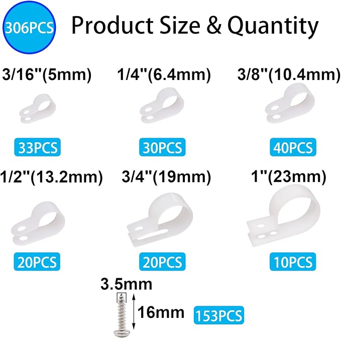 TWTADE 306PCS White Cable Clamps Assortment Kit, Nylon Plastic R-Type 6 Sizes 3/16'' 1/4'' 3/8'' 1/2'' 3/4'' 1'' Cable Mounting Wire Clips Fastener with Screws for Wire Management - Image 2