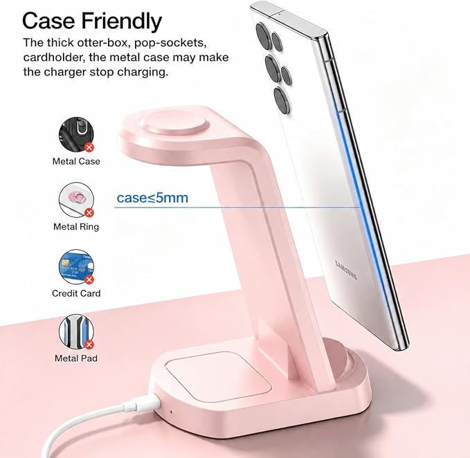 Wireless Charger for Samsung/Android, HOLYJOY 3 in 1 Fast Charging Station/Stand/Multi Charger for Samsung S26 Ultra/S25/Note 20, Travel Pad for Galaxy Watch 8/7/6/5/Active 2, for Buds(Pink) - Image 4