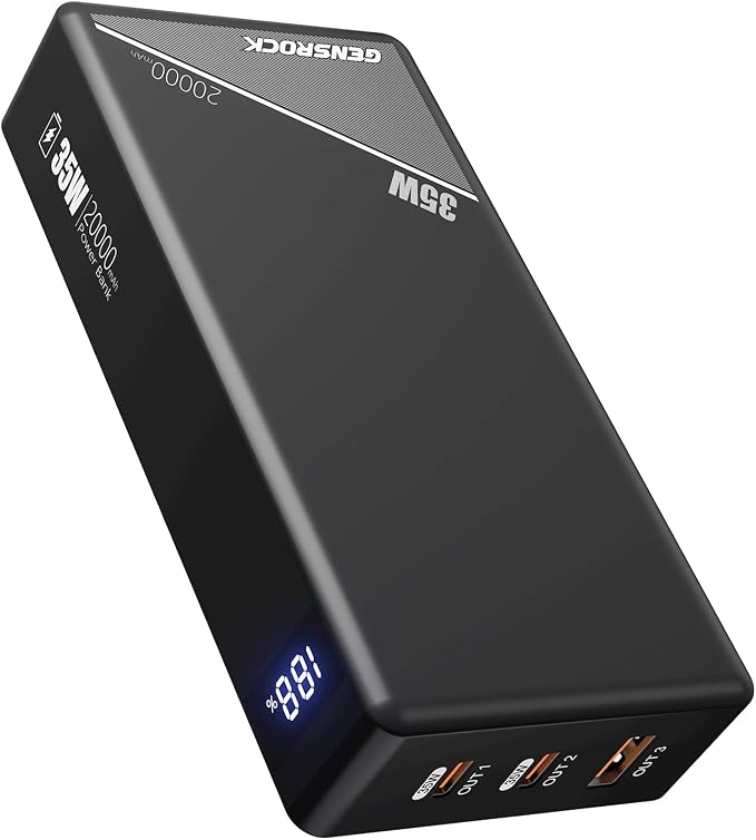 GENSROCK Portable Charger Power Bank 20000mAh,Travel Power Bank | 3 USB Ports | PD 35W Fast Charging | LED Display | 37Wh | Travel | Compatible with iPhone and Android | Flight-Safe | Black by GENSROCK