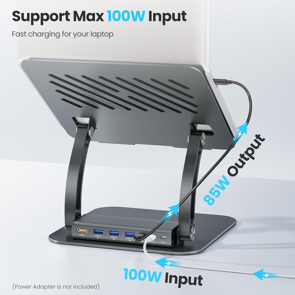 tounee Laptop Stand with Detachable USB-C Hub, 100W PD Charging, 4K@60Hz HDMI, 3 USB Ports, Ergonomic Laptop Holder Docking Station for 10-17" Laptops, MacBook & More - Gray - Image 4