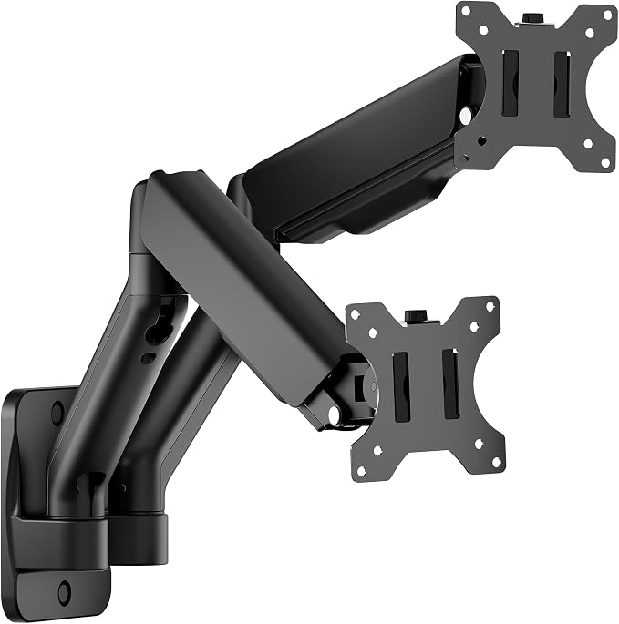 monTEK Dual Monitor Wall Mount, Full Motion Spring Arm for 17-32" Screen | Holds to 19.8 lbs Each, Heigt Adjustable Mechanical Spring Monitor Arm, 75x75/100x100 VESA Wall Mount, Wobble-free, Black by monTEK