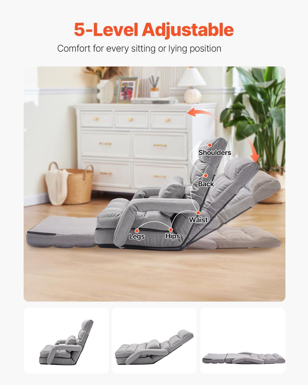 VEVOR Floor Chair, Floor Gaming Chair with 5 Adjustable Position and Back Support, Folding Sofa Chair with Armrest, Sofa Lounger Bed with Back Cushion for Living Room and Bedroom, Gray - Image 4