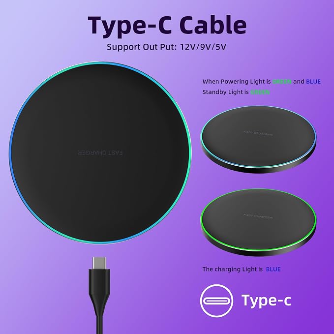 Wireless Charger Compatible with iPhone 17 16 15 14 13 12 11 Pro Max/Mini/Plus/XR/X/8, 15W Max Fast Wireless Charging Pad Mat for Samsung Galaxy S23/S22/S21/S20/S10, Galaxy Buds - Image 6