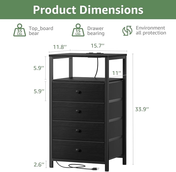 BOLUO Tall Night Stand with Drawers, Black Nightstand with Charging Station and LED Light, Small White 4 Drawer Dresser for Bedroom, Room Storage Closet - Image 3