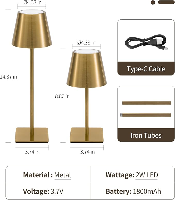 UME 6 Pack Cordless Table Lamp, Battery Operated Lamp - Portable Waterproof Rechargeable Table Lamp w/ 3 Color Temps & Stepless Dimming for Dinner, Desk, Cafe, Outdoor (Brushed Gold) - Image 6