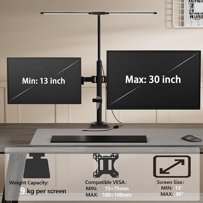Dual Monitor Stand with LED Desk Lamp,Dual Monitor Mount for Desk Holds up to 30 Inches Screens, Supports 19.84 lbs per Monitor Arm, Swivel, Rotate and Tilt 2 Monitor Desk Mount - Image 4