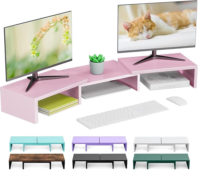 Dual Monitor Stand Riser | Monitor Stand for Desk, Metal Computer Stand, Desk Shelf Riser,Desktop Organizer for Home and Office Use (Pink) by OUTIOE
