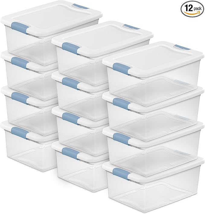 Sterilite Latching Box with Lids for Home and Office, 15 Quart, 12-Pack | Heavy-Duty and Stackable Plastic Containers with Latches for Closet, Cabinet, Bedroom, Bathroom and Dorm Room Organization by Sterilite