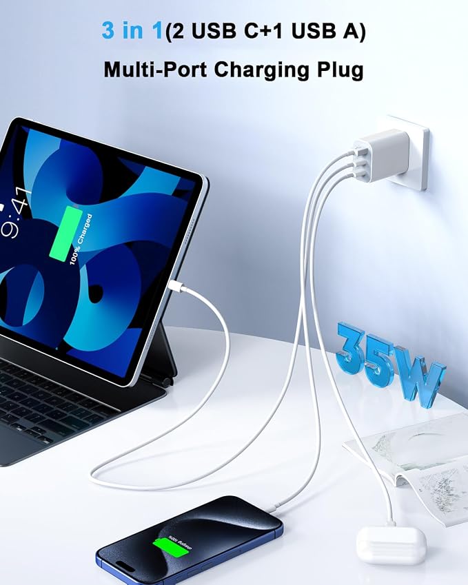 iPhone 17 Charger Block,[2Pack]3-Port Fast USB C Charger Block 35W Charging | Dual Port Block PD Fast Power Adapter + QC Wall Plug Multiport USBC Wall Charge for iPhone 17/17 Pro/17Air/16/16 Plus/15,iPad - Image 3