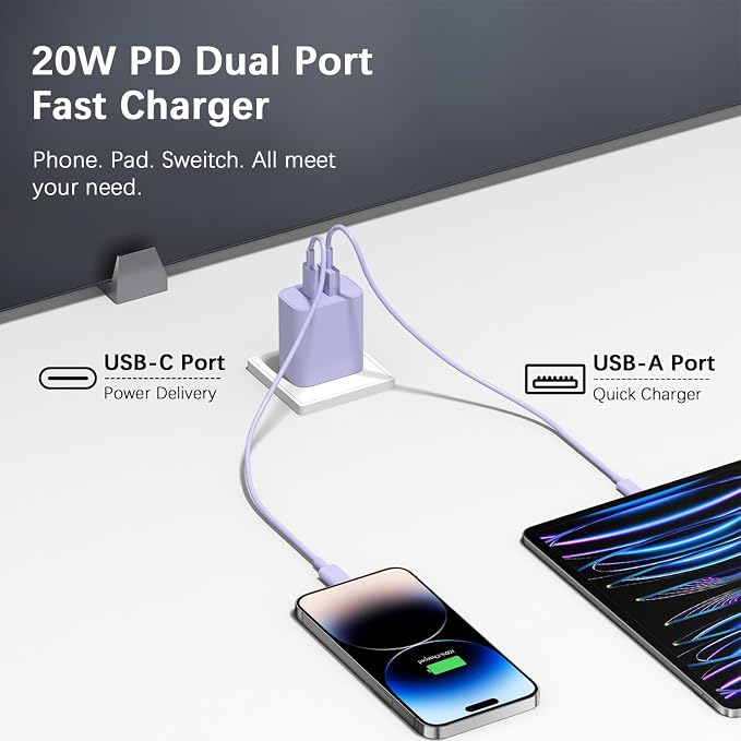 [4 Pack] USB C Charger Block Charging Block Type C Charger | 20W Wall Chargers for iPhone Air/17/17 Plus/17 Pro Max/16/16 Plus/16 Pro Max/15/15 Max/14/13/12/Samsung(Purple) - Image 7