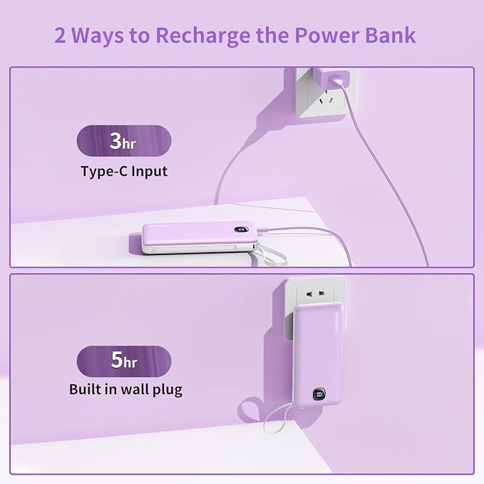 Portable Charger 10000mAh 22.5W Power Bank,Built-in 3 Cables & AC Wall Plug | Fast Charging, 0.68in Ultra Slim,Charge 5 Devices,TSA Approved Travel Essential Battery Pack for iPhone/Samsung/Android - Image 5