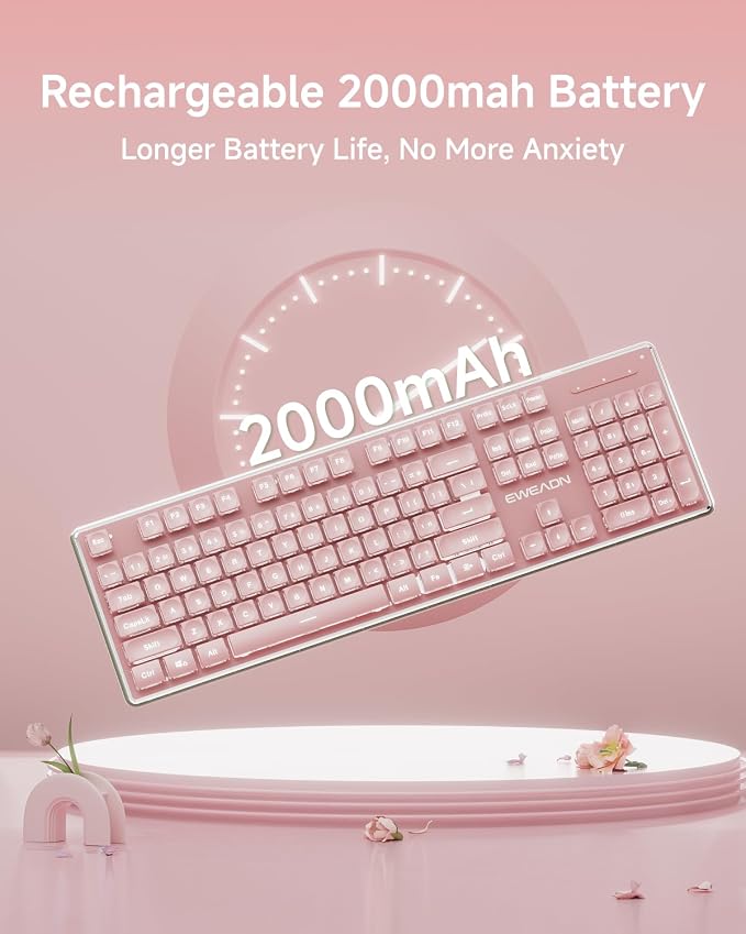 V3 Wireless Keyboard and Mouse Combo, Bluetooth/2.4G Rechargeable Light up Quiet Computer Wireless Keyboard and Mouse with White Backlit, Metal Panel-Pink - Image 6
