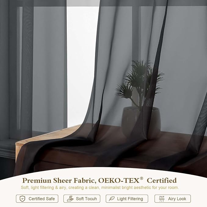 Black Sheer Curtains 96 inches Long for Bedroom 2 Panels Set | Elegant Airy Sheer White Curtain for Living Room, Light Filtering Voile Window Treatments, Rod Pocket, Each Panel 42 X 96 In - Image 3