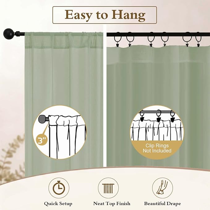Sage Green Sheer Curtains 84 inches Long for Living Room 2 Panels | Sheer White Curtains for Bedroom, Rod Pocket Airy Light Filtering Window Treatments, 2pcs, Each Panel 42" Width x 84" Long - Image 6