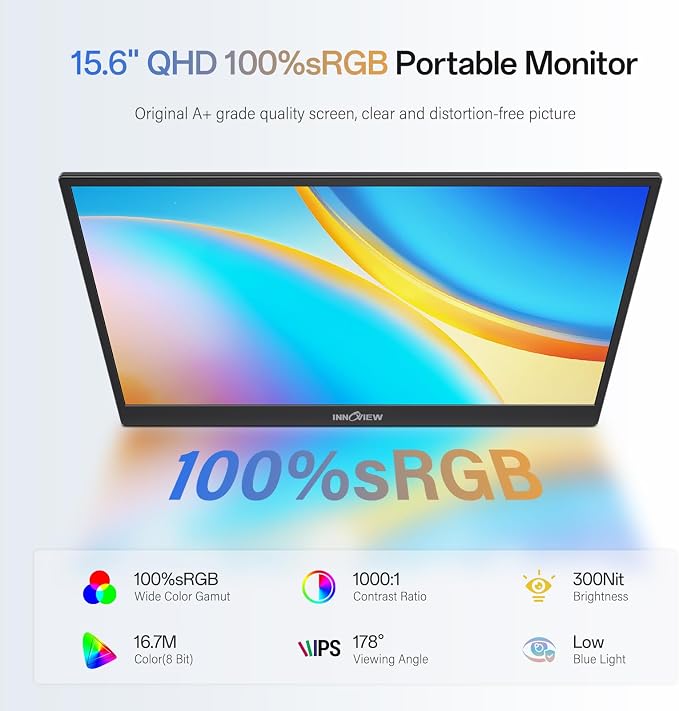 InnoView 2K Portable Monitor 15.6" QHD 100% sRGB, Built-in 180° Adjustable Stand Travel Monitor USB C Standard HDMI Ultra-Slim Portable Monitor for Laptop MacBook Phone PS5 Xbox Switch - Image 2