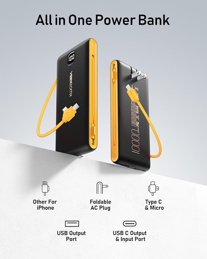 VEEKTOMX 10000mAh Portable Charger with Built-in Cables & Wall Plug | Fast Charging Slim USB-C Power Bank for iPhone, Samsung, iPad | 5 Outputs, Charges 4 Devices, ETL Certified, Black Yelllow - Image 3