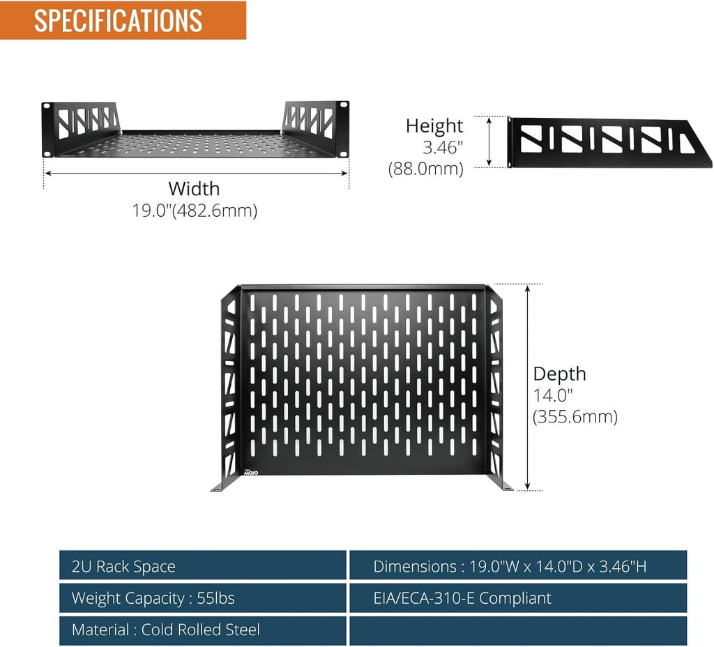 Tecmojo 2 Pack 2U Rack Shelf,19 inch Rack Mount Shelf 14 inch Depth,with Anti-Slip Stops,Server Rack Shelf and Network Shelf for 19 in Equipments, 55lbs Capacity of Vented 2U Shelf,Black,No Lip - Image 2
