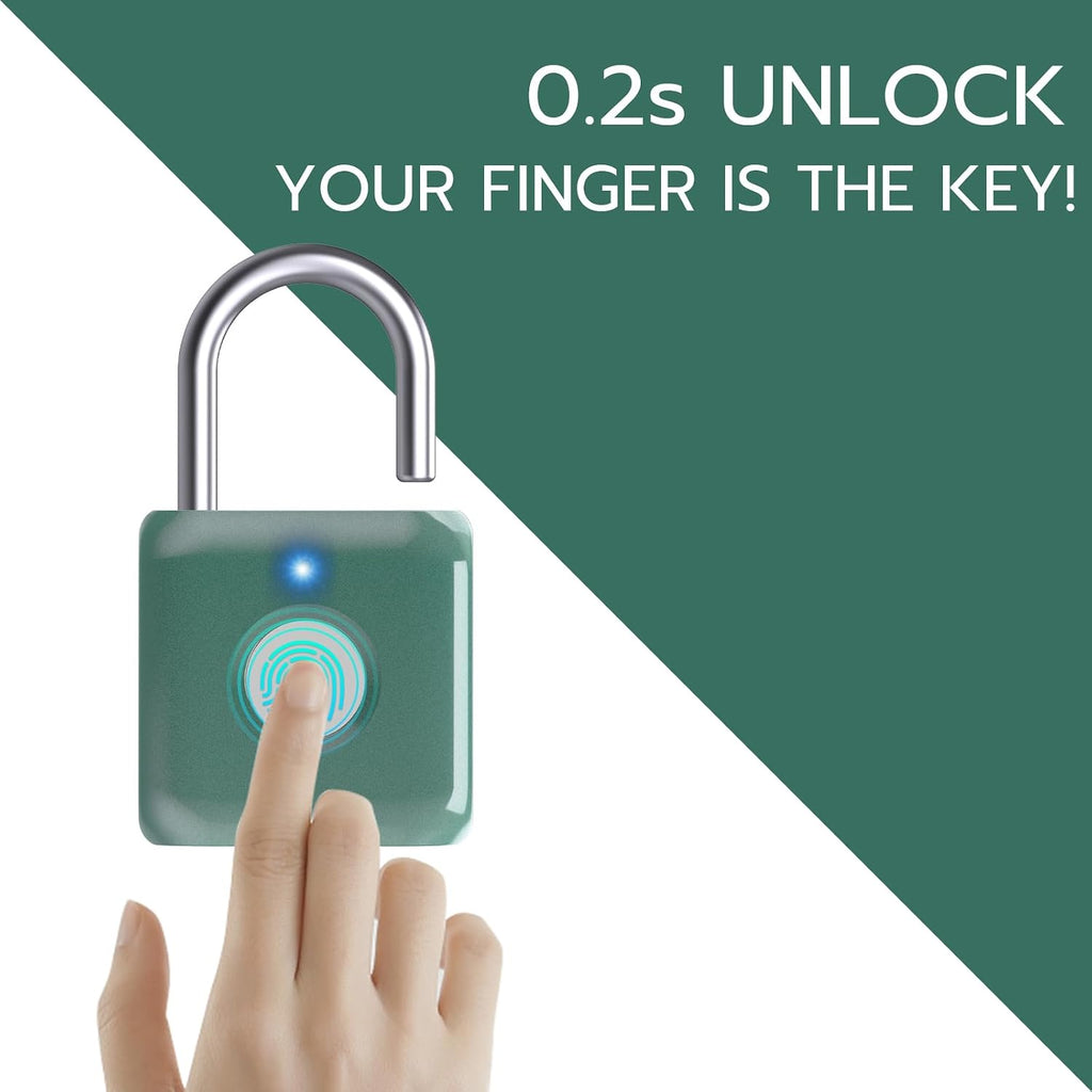 Fingerprint Padlock, Smart Metal Keyless Fingerprint Lock, Waterproof, USB Rechargeable, for Gym, School, Luggage, Backpack, Suitcase, Green - Image 2