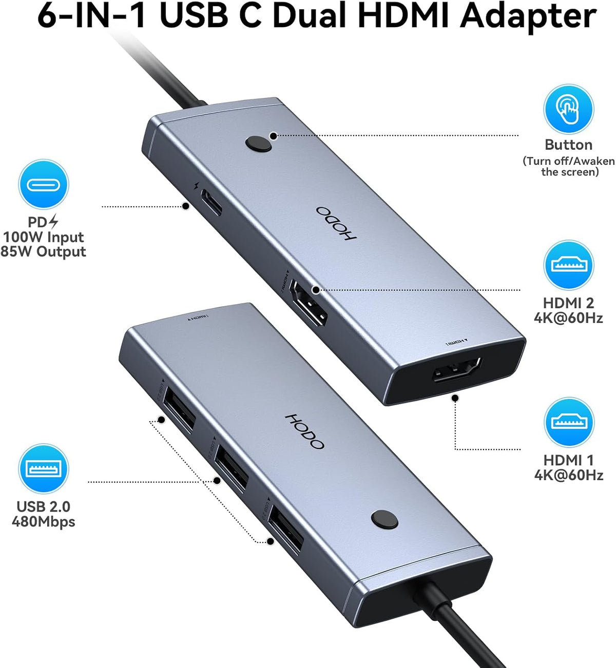 HODO Docking Station to Dual HDMI Monitors USB C to Dual HDMI Adapter 4K - Image 2