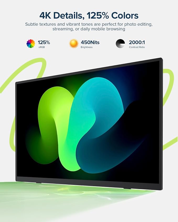 EVICIV Portable Monitor 4K Touchscreen 15.6", 3840 * 2160 UHD, 125% sRGB | 10-Point Touch Laptop Monitor, 2000:1, USB-C & MINI HDMI, VESA & Stand, Ultra-Slim Travel Screen for Computer, Game Consoles - Image 4