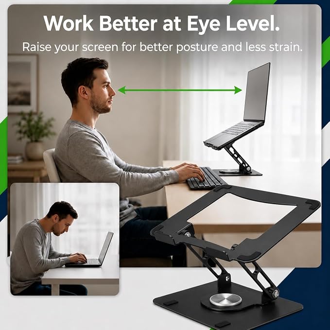 Uncaged Ergonomics Swivel Laptop Stand for Desk, Adjustable Computer iPad Stand for Desk w/ 360 Rotation, Portable Laptop Holder for Home Office Ergonomic Supplies (Black) - Image 5